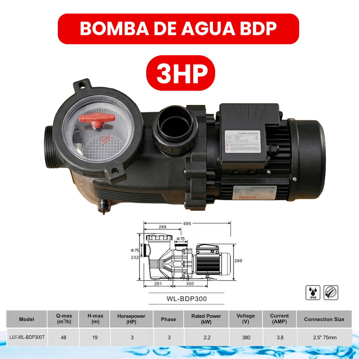 Bomba de Agua BDP de 1hp, 2hp, 3hp para Piscinas. Caudal Alto Volumen. Potente. Motor Alta Eficiencia IE3.