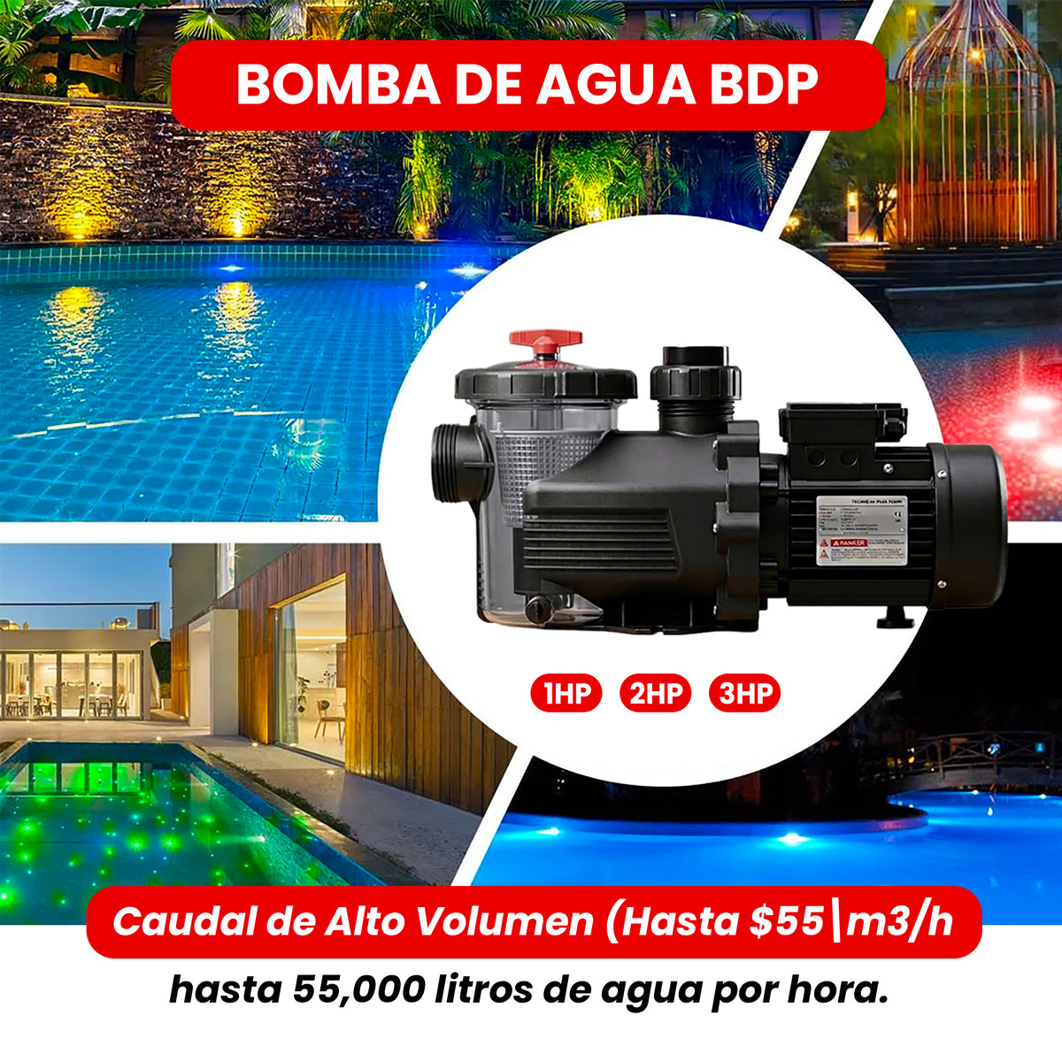 Bomba de Agua BDP de 1hp, 2hp, 3hp para Piscinas. Caudal Alto Volumen. Potente. Motor Alta Eficiencia IE3.