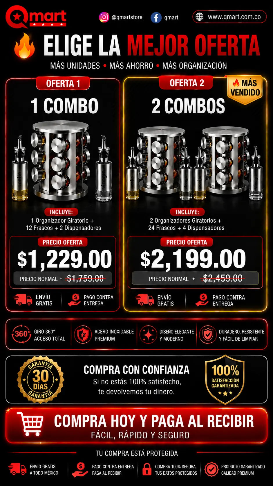 Fácil de usar, resultados que amarás: orden, sabor y estilo en 4 pasos. Uno, elige y llena tus frascos con tus especias favoritas. Dos, coloca y organiza cada frasco en su lugar. Tres, gira 360° y encuentra la especia que necesitas en segundos. Cuatro, disfruta y transforma tu cocina.